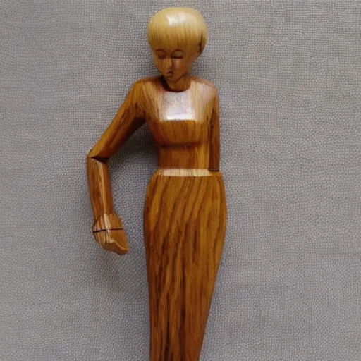 Image similar to wooden sculpture of a thin blonde lady holding a gun, polished maple, thoughtful, elegant, real