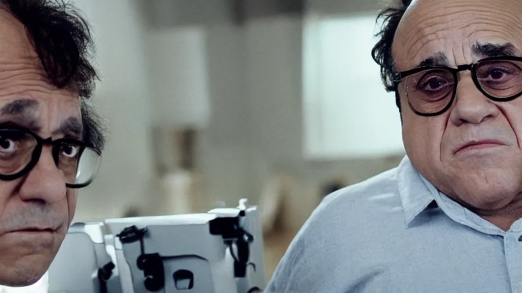 Image similar to danny devito bleary eyed at a computer, film still from the movie directed by Denis Villeneuve