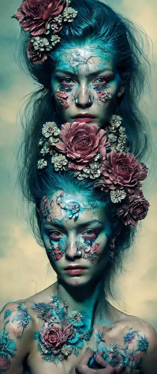 Prompt: hyperrealistic hyper detailed close-up side portrait of gorgeous woman covered in rococo flower tattoos matte painting concept art hannah yata very dramatic dark teal lighting low angle hd 8k sharp 35mm shallow depth of field