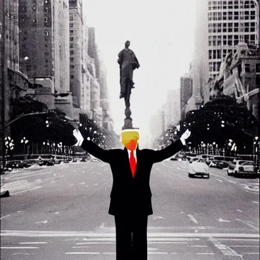 Image similar to “Very very impressive photo of Donald Trump standing in the middle of Fifth Avenue with a gun, atmospheric lighting, award-winning crisp details”