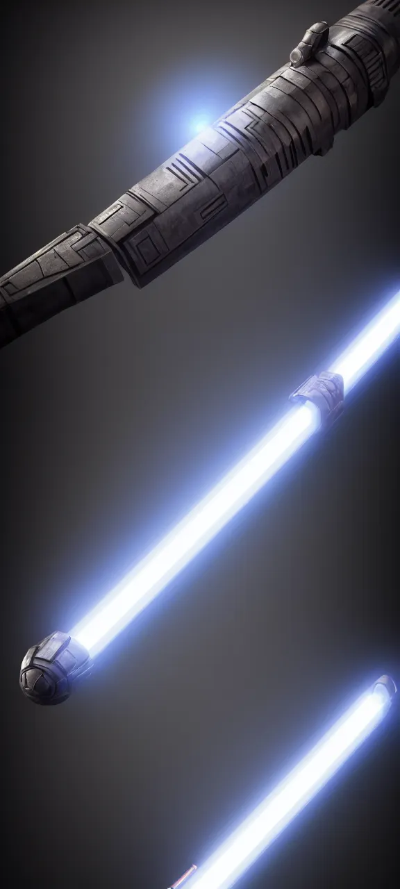 Image similar to ultra - detailed cinematic render, of a lightsaber hilt, that lies vertically on a round carved stone, lit up in a dark room, photo from above, octane render, by mizuriau on deviantart, high quality, digital art, 8 k, jedi fallen order, volumetric lighting