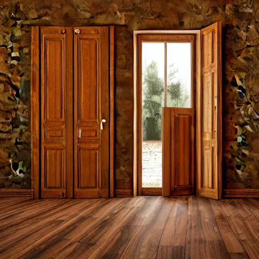 Image similar to photography, 3 d render, monster, open door, wood floor