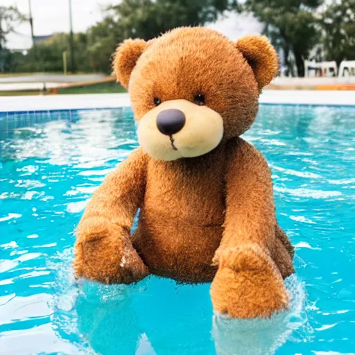 Prompt: teddy bear playing in a pool