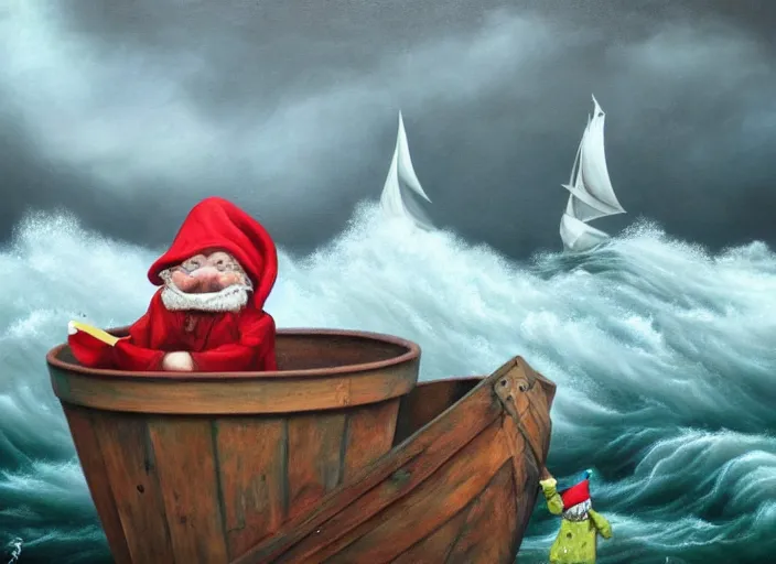 Prompt: a terrified garden gnome sailing in a bucket, background of raging ocean on a stormy with dramatic clouds, an ultrafine detailed painting by mark ryden, trending on deviantart, pop surrealism, whimsical, lowbrow, danger, perfect symmetrical face