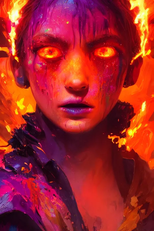 Image similar to a fancy portrait of a young Demon girl covered in deep and colourful flames by Greg Rutkowski, Sung Choi, Mitchell Mohrhauser, Maciej Kuciara, Johnson Ting, Maxim Verehin, Peter Konig, Bloodborne , 8k photorealistic, cinematic lighting, HD, high details, atmospheric , trending on artstation