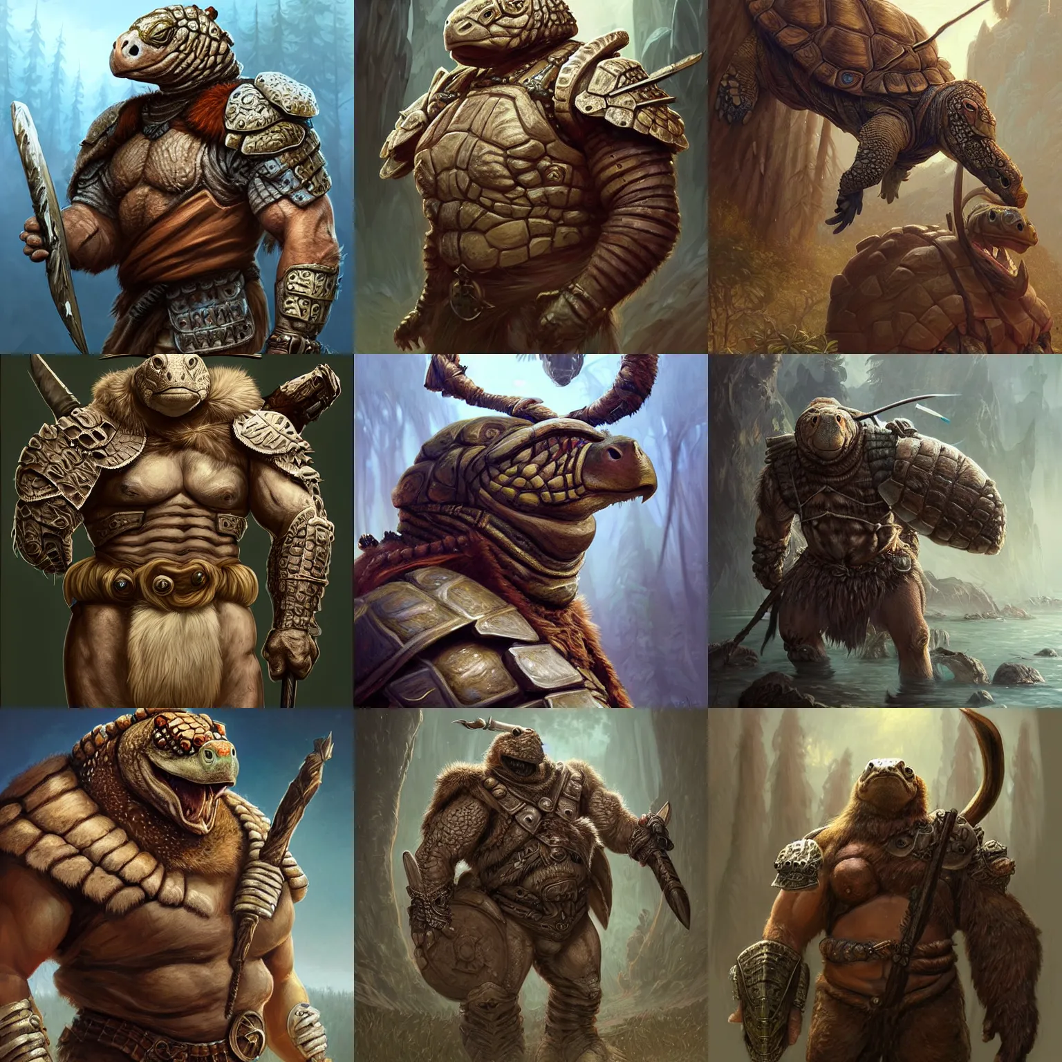 Prompt: anthropomorphic rugged turtle!!! oversized barbarian furry muscular armored upper body long hair, 👅 👅 , D&D, fantasy, intricate, elegant, highly detailed, digital painting, artstation, concept art, smooth, sharp focus, illustration, art by artgerm and beeple and greg rutkowski and alphonse mucha