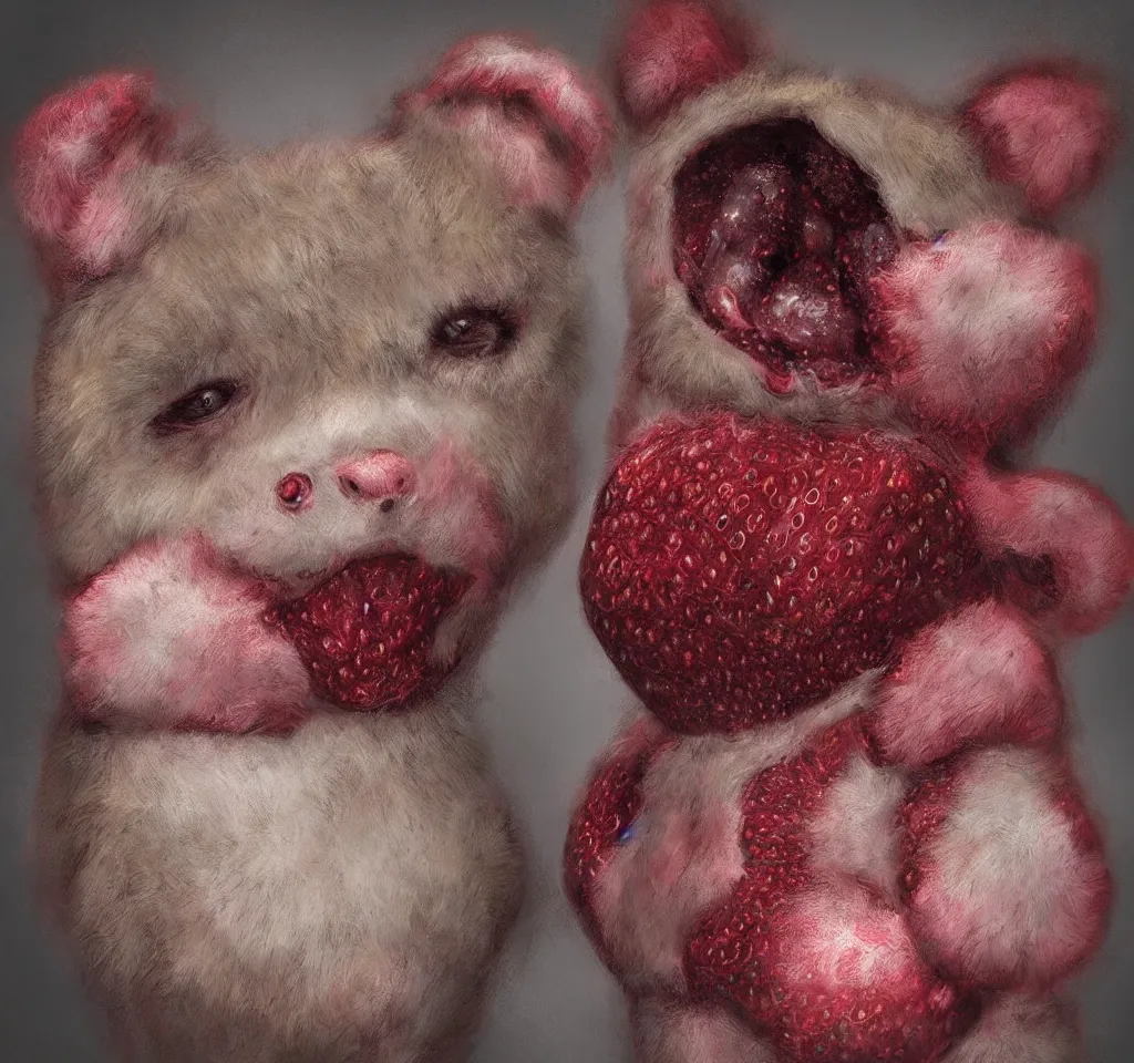 Image similar to digital art hyper realism body horror studio lighting strawberry teddy bear