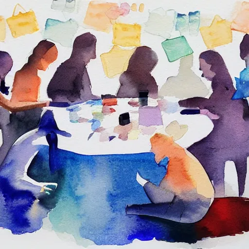 Image similar to 1 2 diamonds sitting on a table surrounded by people, watercolor painting