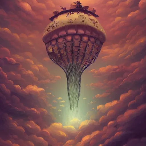 Image similar to Flying machine with jellyfish in the sky flying over desert and ocean, inspired by Cyril Rolando, David Wiesner, ornate, intricate, emitting light ornaments, trending on artstation, volumetric lighting, CGsociety, alizarin red, brick red, burgundy color, dull red, gray color, olive color, red and green, scarlet, shades of green, shades of red, swamp green, terracotta red