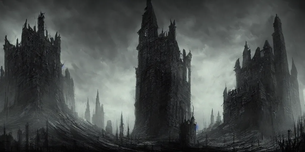Prompt: grimdark fantasy fortress, terrifying, looming, dark, fog, dark souls, soulborne, artstation