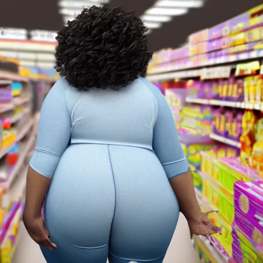 Prompt: high quality still of black bbw woman in wal-mart, 3d, in the style of pixar, comic book style, from behind, highly detailed, 16k resolution, octane renderer, coherent