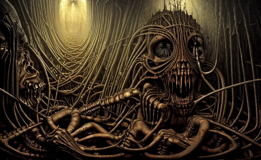 Image similar to an extremely detailed masterpiece of nightmares'and horrors, inspired by hr giger - moebius - leonardo da vinci, digital art, moody lighting, apocalyptic, epic scene, extremely moody lighting, glowing light and shadow, 4 k