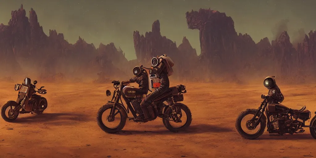 Image similar to american astronaut driving a motorcycle, tribe members chasing, action scene, an epic fantasy, dramatic lighting, cinematic, establishing shot, extremely high detail, photorealistic, cinematic lighting, artstation, octane render, by simon stalenhag, horizon forbidden west