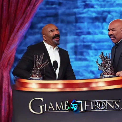 Prompt: game of thrones family feud game show hosted by steve harvey, set photo, wide angle, photorealistic, getty images