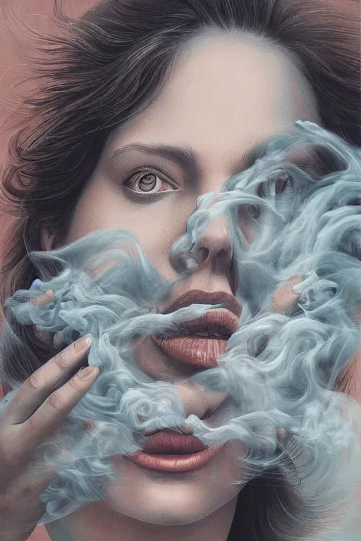 Image similar to surreal distorted detailed painting of a woman made of cloudy smoke, hyper detailed, trending on Artstation