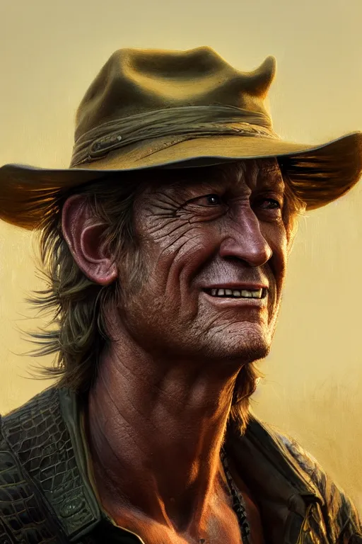 Prompt: ultra detailed close up facial portrait of crocodile dundee, extremely detailed digital painting, in the style of fenghua zhong and ruan jia and jeremy lipking and peter mohrbacher, mystical colors, rim light, beautiful lighting, 8 k, stunning scene, raytracing, octane, trending on artstation