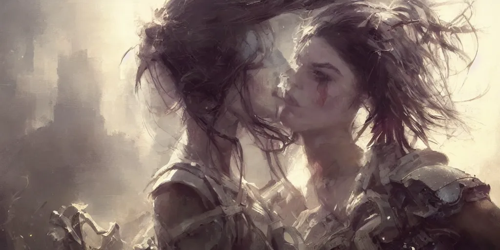 Prompt: beautiful painting by jeremy mann, a female paladin absurdly beautiful, elegant, ultrafine hyperrealistic detailed face illustration by wlop and artgerm and greg rutkowski, intricate linework, sharp focus, smooth, octopath traveler, final fantasy, unreal engine, dramatic lighting, ethereal, 8 k