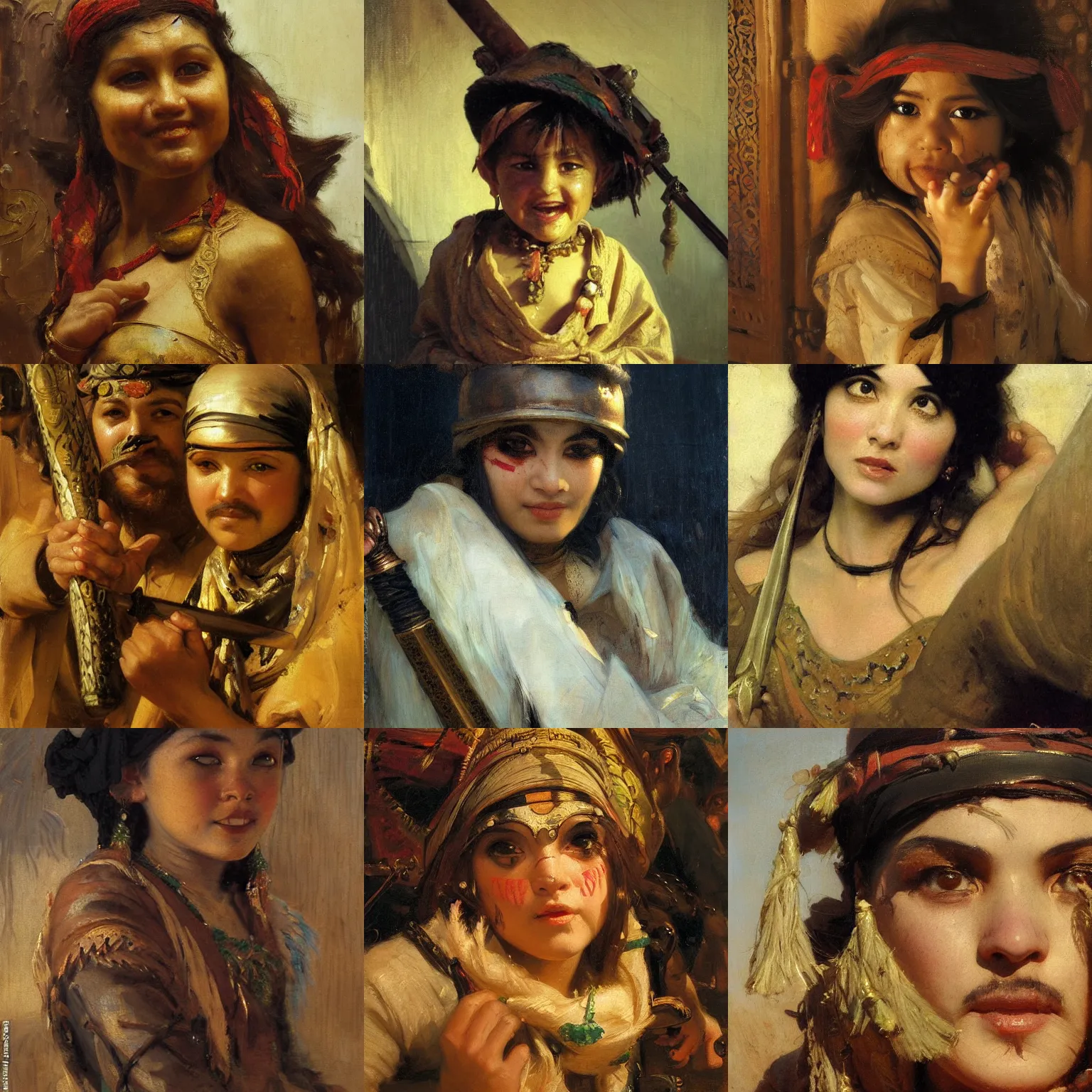 Prompt: orientalism painting of a cute bandit face detail by theodore ralli and nasreddine dinet and anders zorn and edwin longsden long, bronze age, sword and sorcery, oil on canvas, masterful intricate artwork, excellent lighting, high detail 8 k