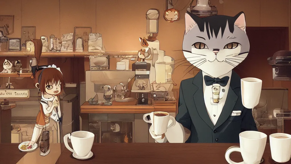 Prompt: a highly detailed portait of a cute little anthropomorphic cat barista wearing a suit in a coffee shop by studio ghibli, tiny, small, cute and adorable, pretty, beautiful, character art portrait, matte painting, Artstation