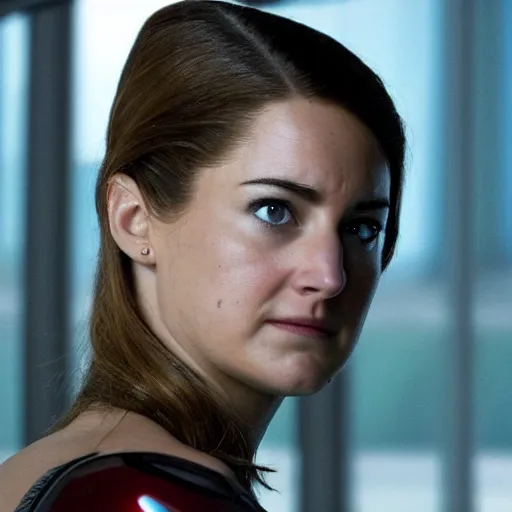 Prompt: A still of Shailene Woodley as Black Widow in Iron Man 2 (2010), close-up