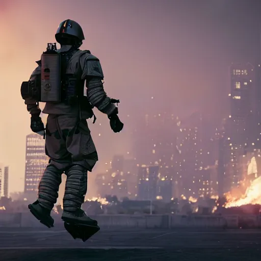 Image similar to An Armored soldier riding a hoverboard with several buildings on fire behind him, cinematic lighting, highly detailed, 8k octane render