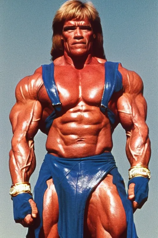 Prompt: arnold schwarzenegger as he - man, full body, symmetrical features, color photo, 1 9 8 5 photograph, kodachrome, aged paper, sergio leone, master prime lenses, cinematic