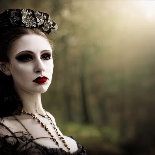 Image similar to A beautiful portrait of a lady vampire, victorian, dracula, ominous, depth of field, 85mm lens, bokeh, photorealism, ultra detailed, irwin penn, high definition, soft light