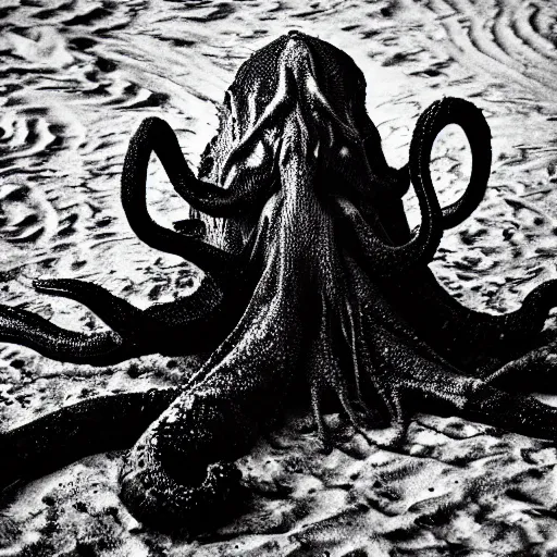 Image similar to a black and white photo of a lovecraftian creature