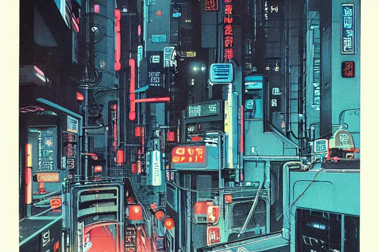 Image similar to 1979 OMNI Magazine Cover of a sewer system outlet neo-Tokyo. Cyberpunk Akira style by Vincent Di Fate