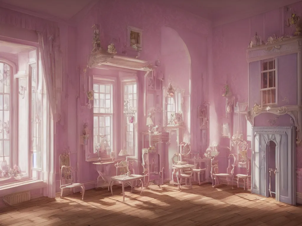 Image similar to hyperrealistic, highly detailed rendering, one source of light, interior of a victorian doll house, polly pocket, cute, strange, pastel tones, victorian furnitures, low natural light, volumetric light windows, oak wood floor, luxe, 8 k, ultra wide angle