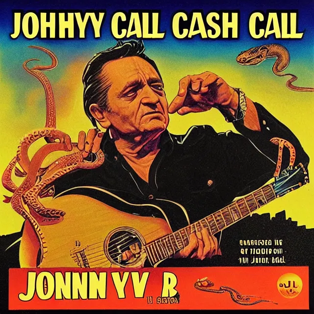 Image similar to album cover for Johnny Cash: The Snake Oil Tapes, album art by Ron Walotsky, snake oil album, snakes, no text