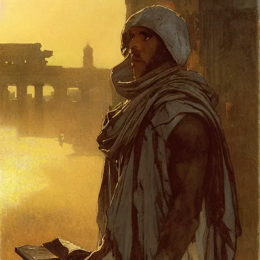 Image similar to half portait of magican wearing a closed cowl holding a big old book! with chains on his wrist, jeremy mann, jean leon gerome, alphonse mucha, greg rutkowski, hood covers his eyes, ( ( ruins of ancient rome ) ), at dusk, mysterious atmosphere, sunrays, dof, masterpiece, high detailed, 8 k