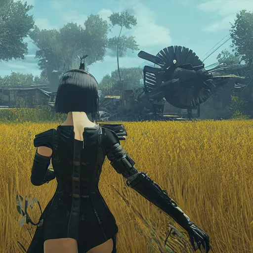 Image similar to a high resolution very detailed image of russian tank boss fight from nier : automata in yellow rye field under pure blue skies