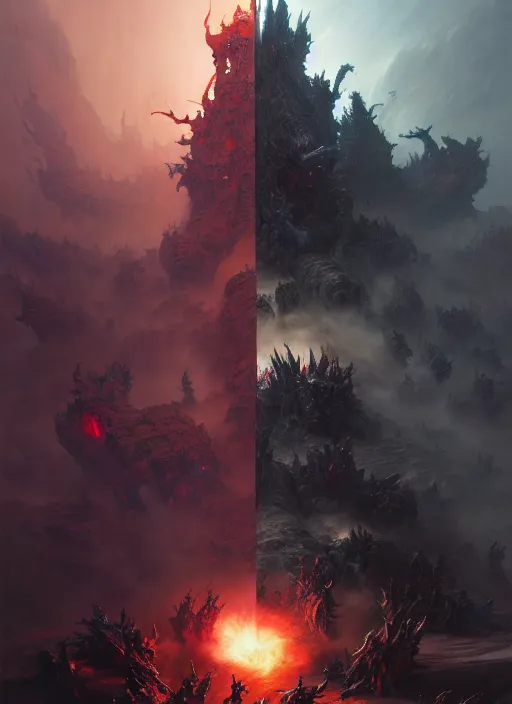 Image similar to fantasy battle between heaven and hell, dim light, front game card, marvel comics, dark, intricate, highly detailed, smooth, artstation, digital illustration by ruan jia and mandy jurgens and artgerm and wayne barlowe and greg rutkowski and zdislav beksinski