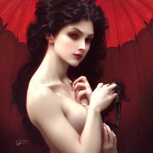 Prompt: portrait of a sexy female vampire, intricate, elegant, highly detailed, digital painting, artstation, concept art, smooth, sharp focus, illustration, art by artgerm and greg rutkowski and alphonse mucha and william - adolphe bouguereau