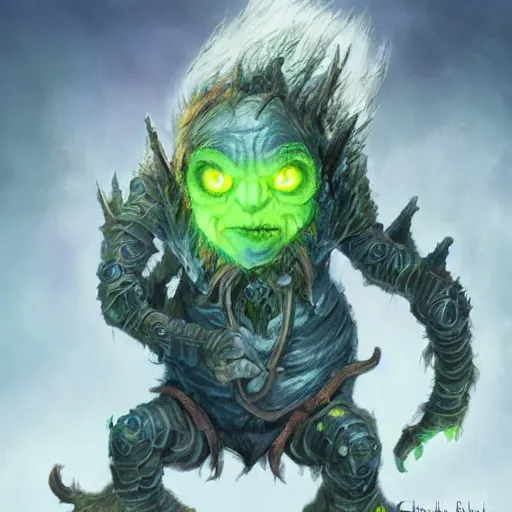 Prompt: a highly detailed goblin with grey skin and blue eyes that glow, with a windy background, like magic the gathering, goblin chainwalker,, digital art, by christopher rush