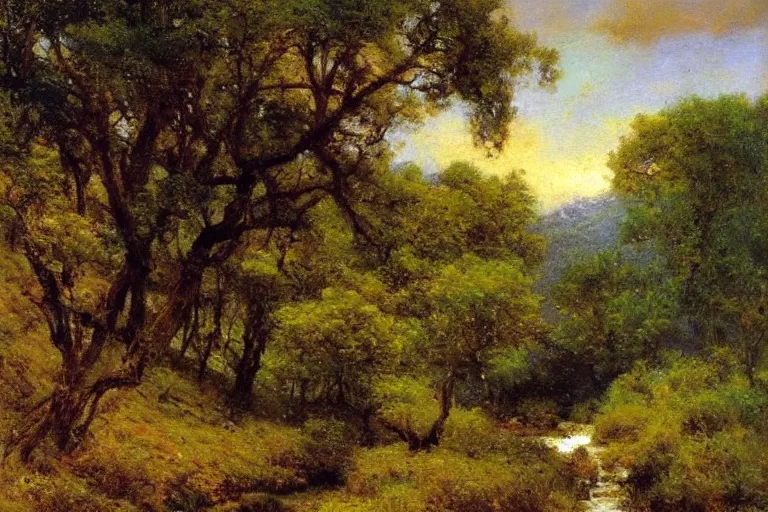 Image similar to masterpiece painting of oak trees on a hillside overlooking a creek, dramatic lighting, by gaston bussiere