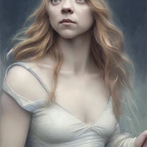 Prompt: beautiful striking Pre-Raphaelite Natalie Dormer by Artgerm and Greg Rutkowski, pale, intricate, elegant, highly detailed, digital painting