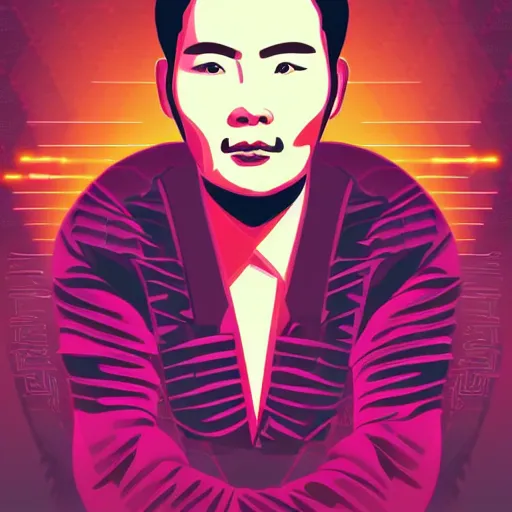 Prompt: a portrait of a beautiful chinese man, in retro colors, synthwave style, 2 d digital vector art