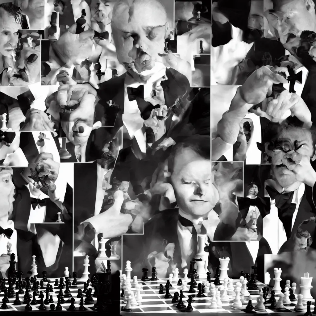 Prompt: Adam Aaron CEO of AMC playing Chess against Evil Shadow Creatures wearing tuxedos. Photocollage.