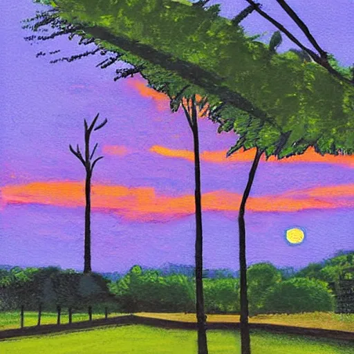 Image similar to pittsburgh, distant, sunset, trees, looking down, art by tom hammick