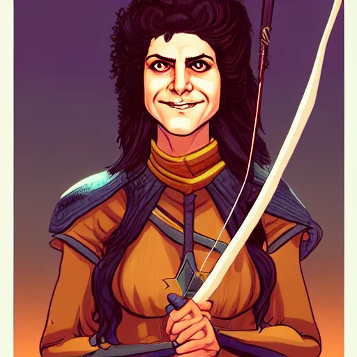 Image similar to a fantasy comic - style full portrait of an archer who looks like gilda radner, digital illustration by ken taylor and sana takeda and jenny frison, character design, concept art, fine inking lines, vivid colors, dnd, highly detailed!, hd, 4 k, trending on artstation