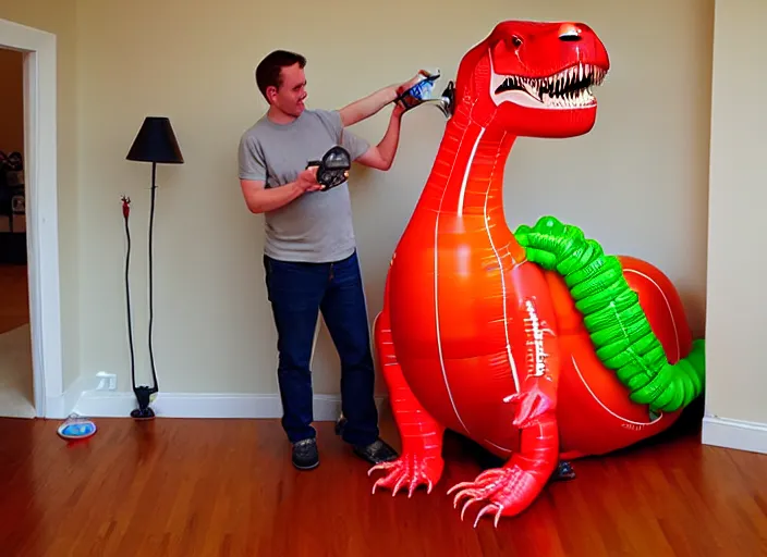 Image similar to Tyrannosaurus Rex doll being inflated to fill the living room. T-rex balloon growing to life size. Air pump, air hose, air nozzle, air tank.