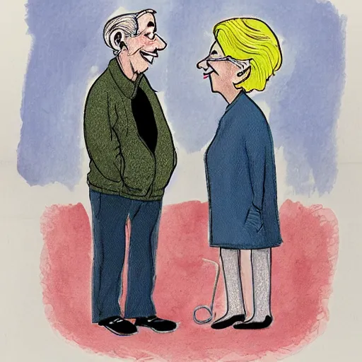 Image similar to an older couple talking to each other drawn by by raymond briggs