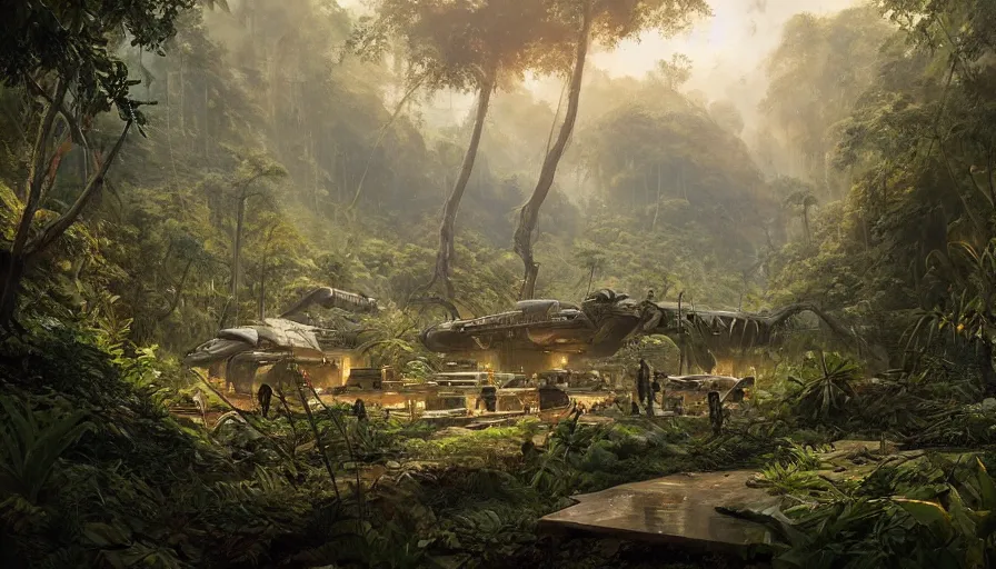 Prompt: a beautiful painting of an archaeological excavation of the battlestar galactica in a lush jungle, ray traced lighting by kalin popov and greg rutkowski