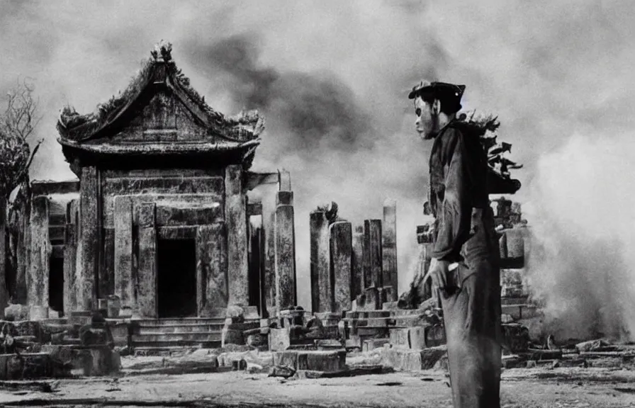 Prompt: burning temple, vintage movie still