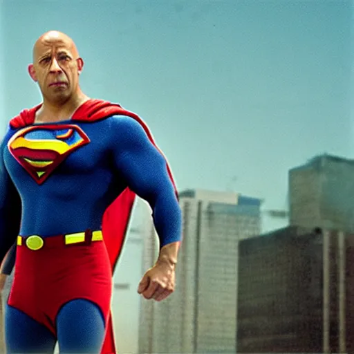 Prompt: film still of vin diesel as superman, film grain