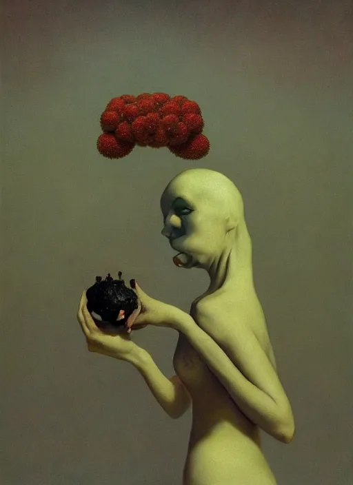 Image similar to She Eats of the Strangling Fruit and Her polyp blossoms bring iridescent fungal flowers whose spores black the foolish stars Edward Hopper and James Gilleard, Zdzislaw Beksinski, Mark Ryden, Wolfgang Lettl highly detailed