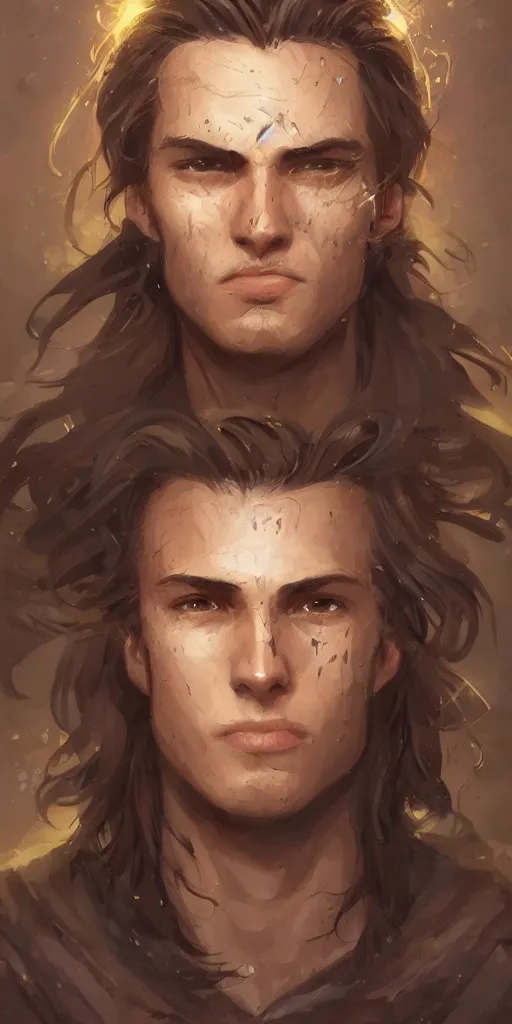 Prompt: handsome crying young man face, brown wavy hair, piercing brown eyes, wearing golden armor, portrait, by artgerm, by greg rutkowski, by noah bradley, digital avedon