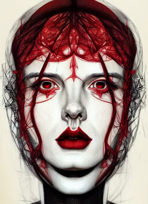 Prompt: surrealism sketch pencil red and black hyperrealistic symmetrical portrait by james jean, manuel sanjulian, tom bagshaw